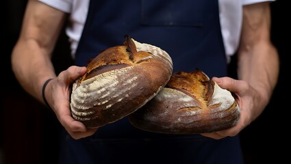 Close-up of a baker's hands proudly presenting two freshly baked rustic sourdough bread loaves.