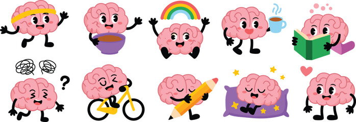 Cute cartoon brain characters, mental health mascot set, education, wellness, emotions, psychology, fitness, mindfulness, studying, reading, sleeping, thinkingCute cartoon brain characters,