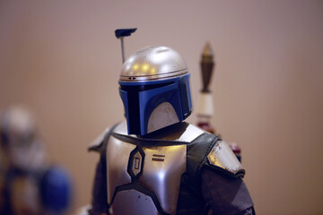 Naklejka premium Jango Fett figure on August 5, at 2025 Comicon El Salvador, showcasing Mandalorian bounty hunter from Attack of the Clones