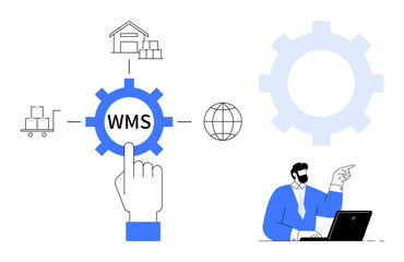 Gear marked WMS connected to warehouse, cart, globe icons, and streamlined processes. Person using laptop for logistics planning. Ideal for inventory, logistics, automation, tech supply chain