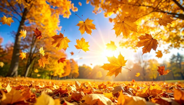 "Golden autumn leaves drifting through sunlit trees, blanketing the ground in warm hues—evoking seasonal change, nostalgia, and nature’s quiet poetry."