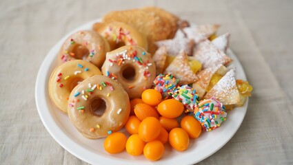 Obraz premium Abundant white plate with colorful sprinkle-covered donuts, triangular sugar-dusted pastries, and vibrant kumquats for a sweet treat.