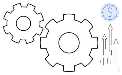 Interlocking gears representing collaboration and optimization, dollar sign indicating financial success, and arrows symbolizing upward growth. Ideal for teamwork, productivity, efficiency