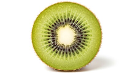 Close up of a vibrant green kiwi fruit cut in half on a white background