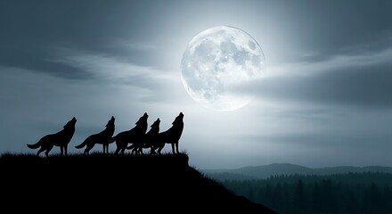 Primal Chorus - Four Wolves Silhouetted Against a Luminous Full Moon Sky.