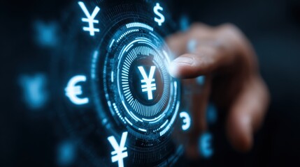 online banking and digital money concept with man finger on virtual touch screen interface with central bank layout surrounded currency signs dollar euro ruble and yen on abstract background no logos