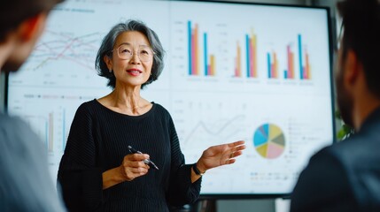 mid age senior asian business woman ceo executive manager showing to colleagues team income revenue data figures planning on big screen in modern office on business seminar workshop no logos no brand