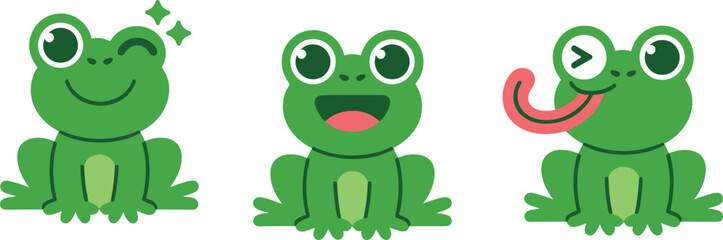 Cute cartoon frog vector illustrations with funny expressions, winking, smiling, tongue out, adorable animal character design for kidsCute cartoon frog vector illustrations with funny expressions, 