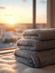 soft towels neatly stacked on a hotel bed against a bright window view at sunrise in a cozy room