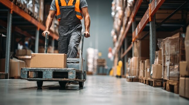 male warehouse worker pulling a pallet truck no logos no brands ar 169