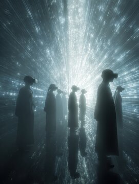 a holographic ai guide leads a group of blindfolded humans through a glowing tunnel of data streams symbolizing trust in artificial guidance during a technological paradigm shift