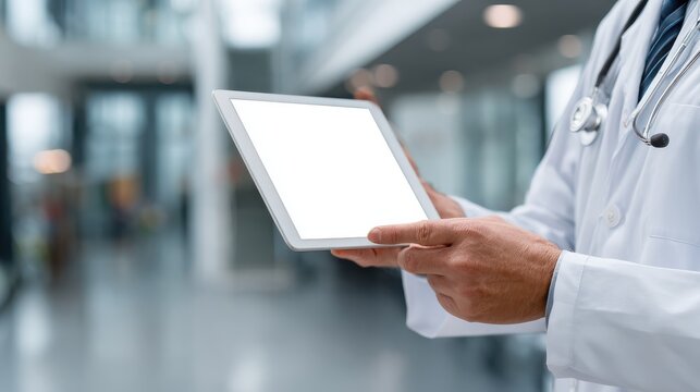 male doctor physician medical worker holding digital tablet in hands looking at white blank empty mockup screen working in hospital e health technology mock up concept over shoulder view no logos no  - Powered by Adobe