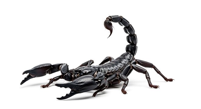 A detailed close up of a black scorpion with its tail raised on a white background - Powered by Adobe