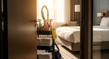 Organized Cleaning Cart in Sunny Hotel Room Interior.