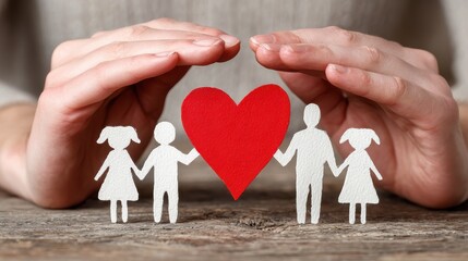 close up hands of father mother and daughters protecting family paper cutout with red heart hands of family with paper cutting and red heart shaped symbol stone unity insurance and love concept no lo