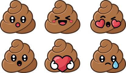 Cute cartoon poop emoji expressions set with funny kawaii faces, love, crying, shocked, happy, and sad poop icons