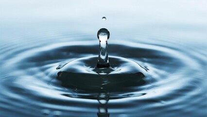 Close-up of a clear water droplet falling into a pristine lake, symbolizing purification and natural filtration. Fresh and clean water concept, environmental conservation and sustainability.