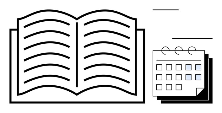 Open book with visible lines beside a hanging calendar with highlighted dates. Ideal for education, scheduling, organization, workflow, learning, strategy, personal growth. Simple flat metaphor