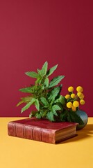 Ancient tome crowned with vibrant tansy and mint, whispers of forgotten herbal remedies, Lammas celebration, Celtic folklore awakening