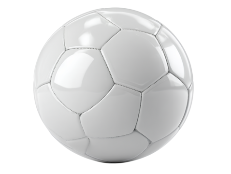 Angled Side View of White Soccer Ball with Subtle Shadow, Highlighting Panels and Gloss, Isolated on Transparent Background
