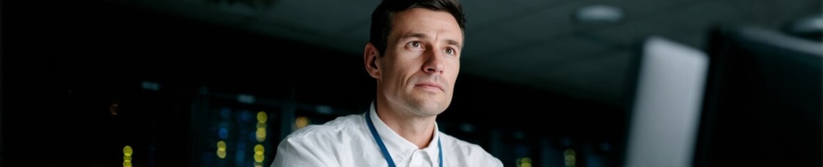 Fototapeta premium A contemplative Caucasian male in a dim server room captures the enigmatic spirit of SysAdmin Day's digital labyrinth
