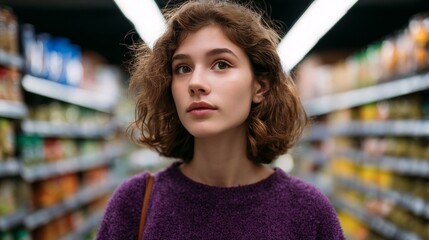 A thoughtful young Caucasian woman wanders introspectively through a labyrinthine grocery aisle, evoking World Thinking Day vibes