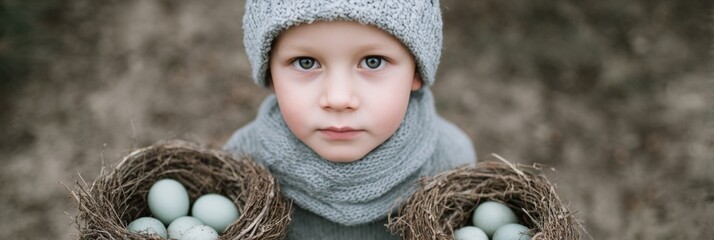 Young Caucasian boy in cozy grey attire cradles mysterious blue eggs, heralding Ostara's renewal and folklore's whispering secrets