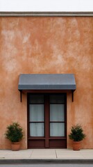 Fototapeta premium Stuccoed minimalism in serene terracotta, shadow-dancing facade for reflections, perfect for Peace Awareness Month and World Architecture Day