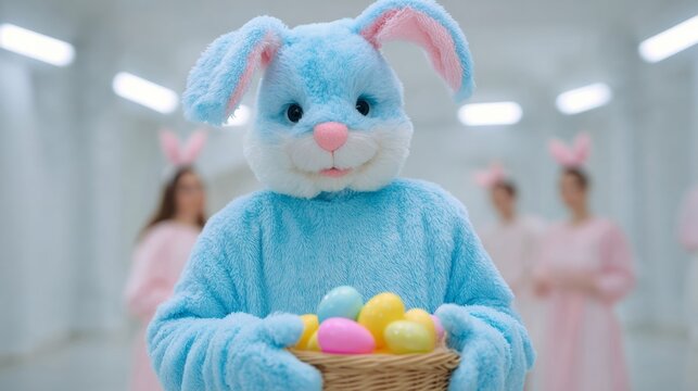 Cheerful azure bunny cradles pastel eggs, channeling whimsical springtime vibes, evoking Ostara and Easter's playful celebrations