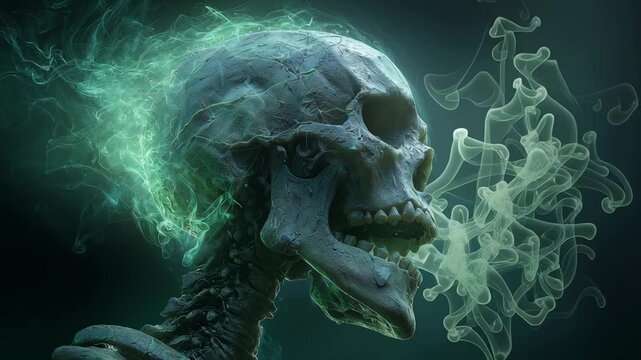 Glowing green smoke emits from cracked skull with skeletal jaw creating eerie supernatural spirit and mysterious ghostly aura