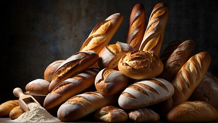 Abundant rustic pile of golden artisan breads and long baguettes with a wooden flour scoop on a dark, moody background.