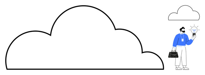 Man in blue shirt holding a glowing lightbulb, standing next to a cloud outline. Ideal for innovation, technology, cloud computing, creativity, business ideas, problem-solving, communication simple