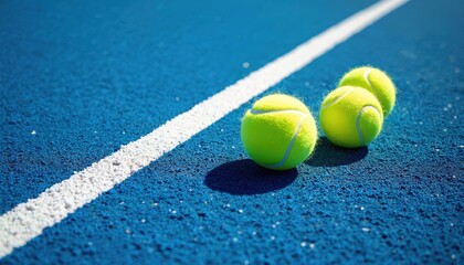 Bright yellow tennis balls rest on blue synthetic padel court next to white line. Artificial grass surface visible texture. Image captures of racket sports, healthy lifestyle, athletic activity.