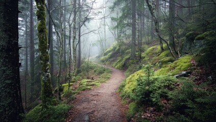 Obraz premium Misty forest with diverging paths and atmospheric lighting