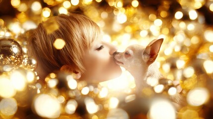 Fototapeta premium A whimsical cascade of golden bokeh envelops a joyous Caucasian woman and her Chihuahua, celebrating Love Your Pet Day