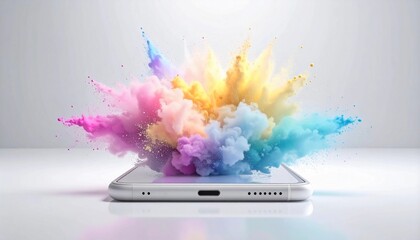 Explosion of creativity concept with vibrant rainbow colored powder bursting from a mobile device screen, symbolizing digital art, innovation, technological advancement, and imagination on white.