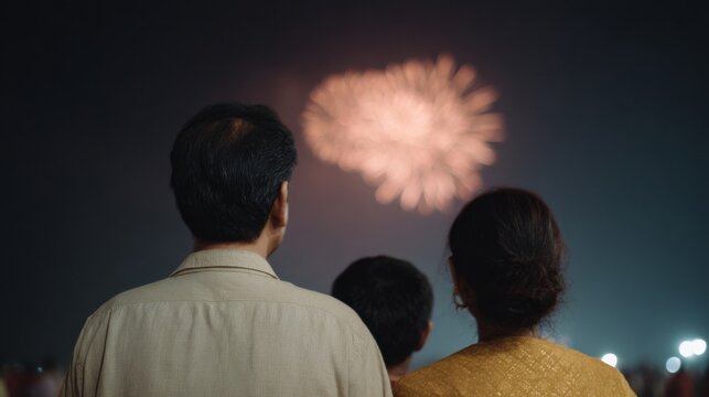 Indian family gazing at luminous fireworks, celebrating Diwali's vibrant nocturne, intertwining nostalgia and cosmic festival epiphanies