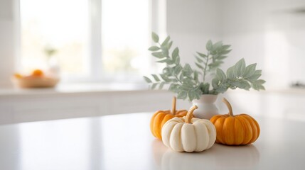 Tiny pumpkins parade on pristine counter, nod to Samhain's whispers and Hygge's cozy embrace, seasonal harvest harmony