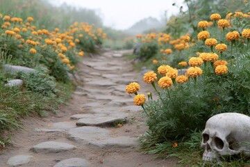 Rustic cobblestone path with marigolds and eerie skull invokes Dia de los Muertos, spiritual autumn wanderings, poetic solitude