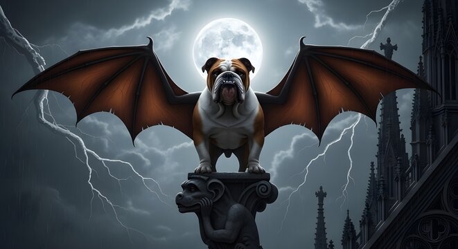 Bulldog with bat wings standing on gargoyle statue in front of full moon, stormy night