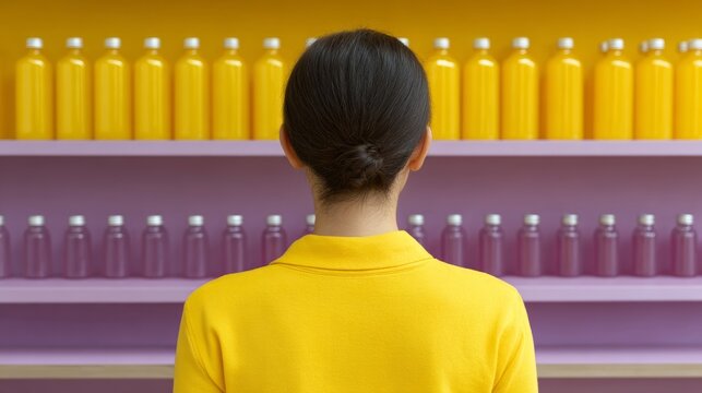 Yellow-clad woman, Asian descent, gazes at vibrant potion bottles, echoing Diwali's vibrant hues and Day of Random Acts of Kindness