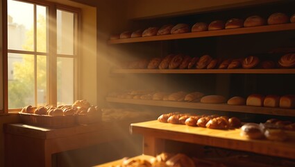 Warm Morning Sunlight Illuminating Shelves of Freshly Baked Breads and Pastries in a Traditional Bakery.