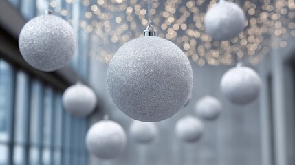 Snowy holiday baubles glisten in midair, embodying winter solstice magic and Scandinavian Julblot in a frosty wonderland