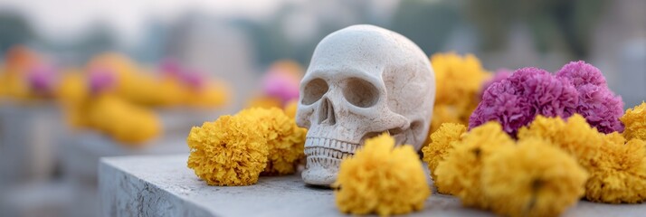 Ancient skull amidst vibrant marigolds and carnations honors Dia de los Muertos, evoking mystical ancestral gatherings, cultural vibrance