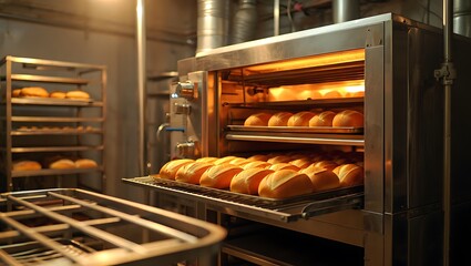 Golden Bread Rolls Baking on Trays Inside a Warm, Illuminated Commercial Bakery Oven