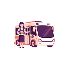 A smiling female teacher or librarian holding a stack of books stands beside a small shuttle bus.