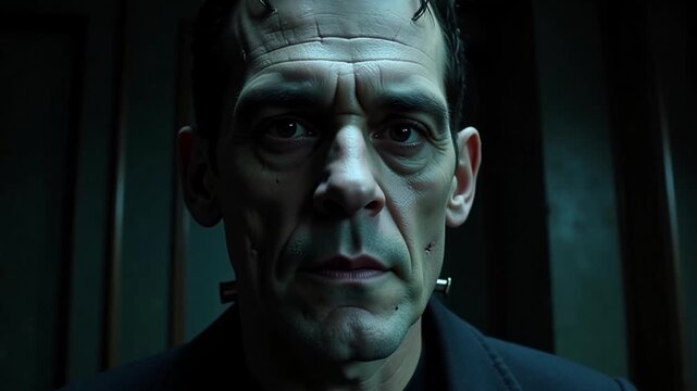 Intense close-up of Frankenstein's monster with dramatic lighting and stitched details