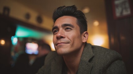 A contemplative Hispanic man in a cozy tavern, embodying nostalgic charm of Dia de los Muertos reflections