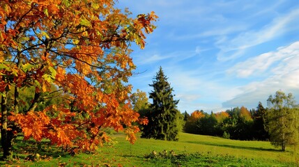 Fototapeta premium Enchanting Beginning of Autumn: Crisp Air, Golden Leaves, and Harvest Vibes Marking the Onset of Fall, Featuring Cozy Sweaters, Pumpkin Patches, and Sunset Hues, Perfect for Seasonal Art, Lifestyle Ph