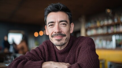 Smiling Hispanic man in cozy sweater at rustic cafe, capturing National Coffee Day warmth and festive Hygge charm